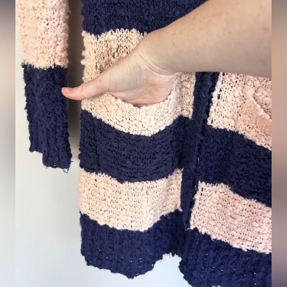 FREE PEOPLE Rugby Striped Chunky Bouclé Knit Long Cardigan Boho Cottage Size M - Picture 6 of 15